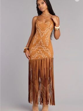 Windsor Tan Suede Fringe Maxi Dress